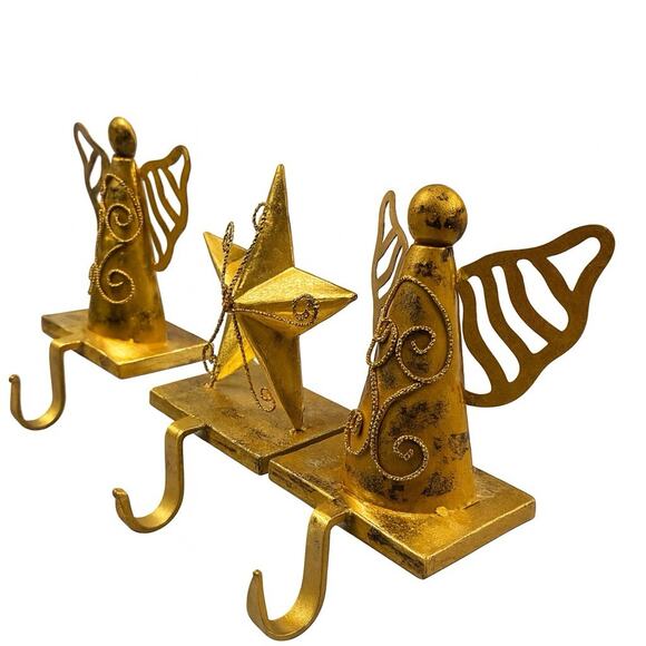 Vintage Gold Metal Stocking Holders Lot of 3 Angels & Star Mantel Hooks Rustic - Picture 4 of 11